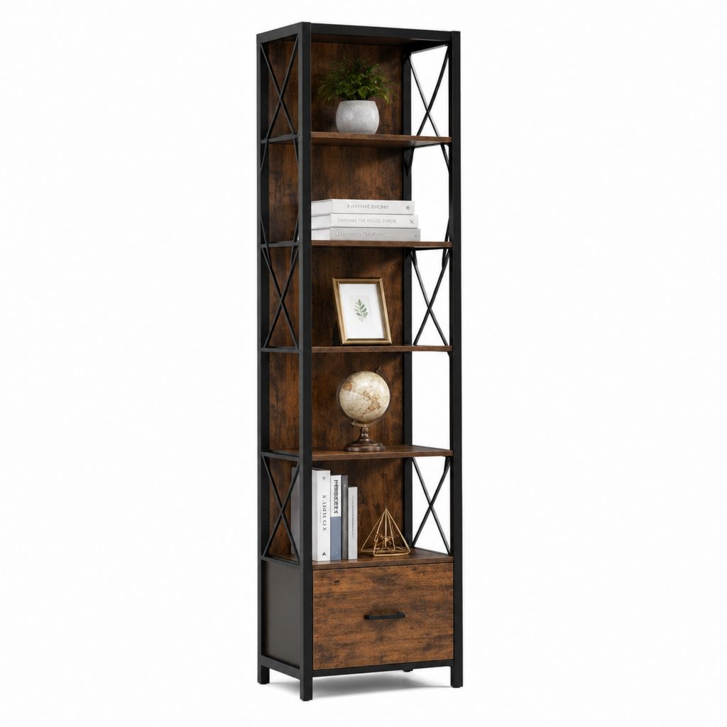 Libreria a colonna con cassetto marrone rustico e nero in pannello MDF e acciaio 40 x 30 x 180 cm