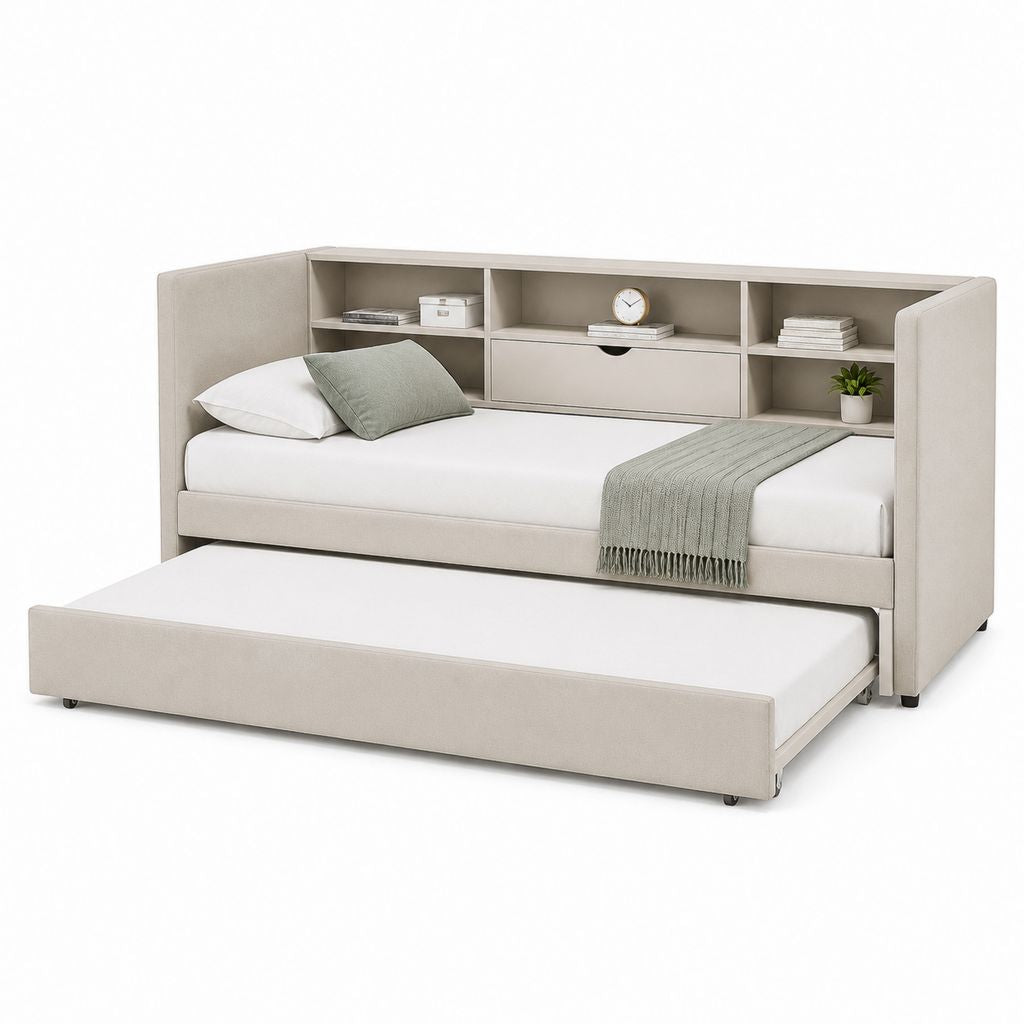 Letto estraibile singolo beige in poliestere con libreria 218 x 103 x 100 cm per 2 materassi 90 x 190 cm