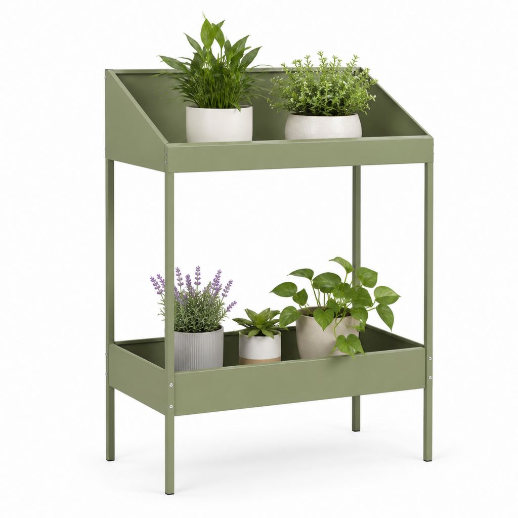 Fioriera rialzata a 2 ripiani verde oliva in acciaio al carbonio 80 x 40 x 120 cm