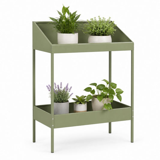 Fioriera rialzata a 2 ripiani verde oliva in acciaio al carbonio 80 x 40 x 120 cm