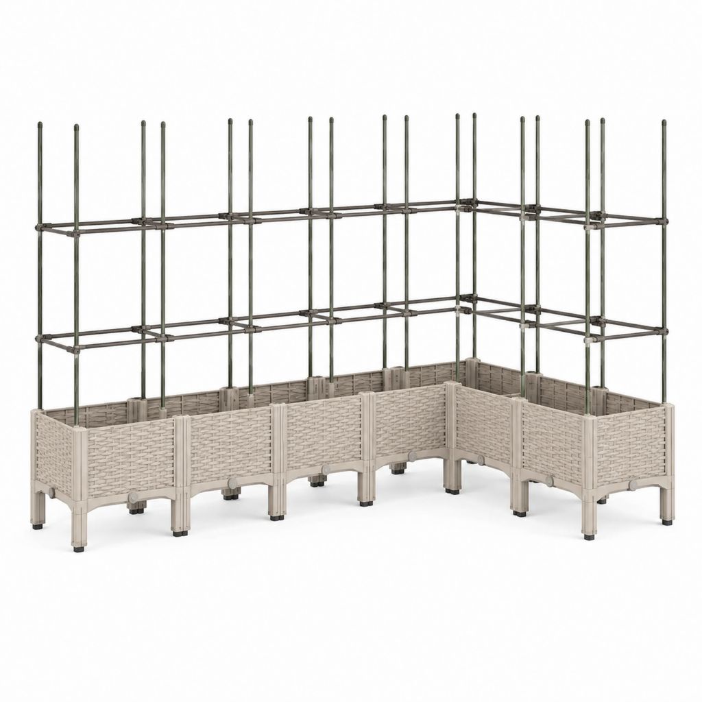 Set di 3 fioriere rialzate rettangolari con grigliato beige e grigio in PP e acciaio 240 x 40 x 160 cm
