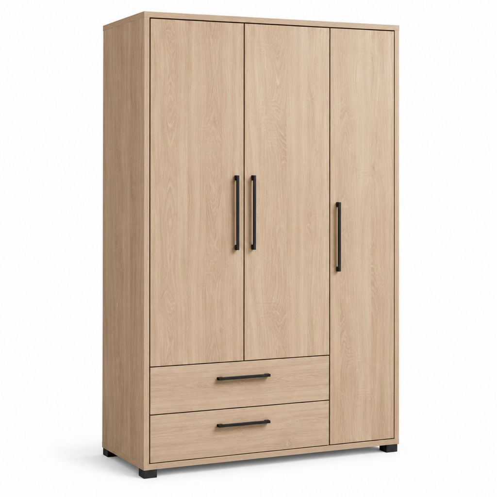 Armadio guardaroba rettangolare 3 ante 2 cassetti rovere chiaro in pannello truciolare 120 x 52 x 200 cm