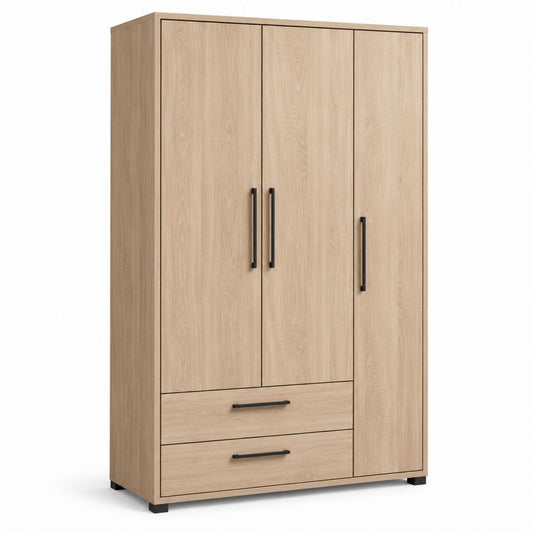 Armadio guardaroba rettangolare 3 ante 2 cassetti rovere chiaro in pannello truciolare 120 x 52 x 200 cm