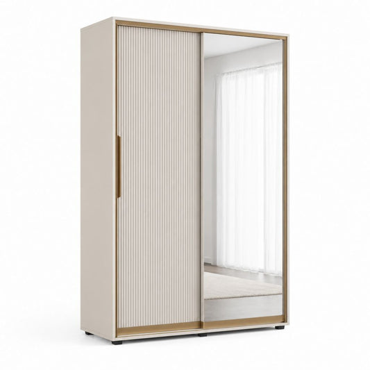 Armadio guardaroba 2 ante scorrevoli bianco e oro con specchio e pannello scanalato 120 x 60 x 200 cm